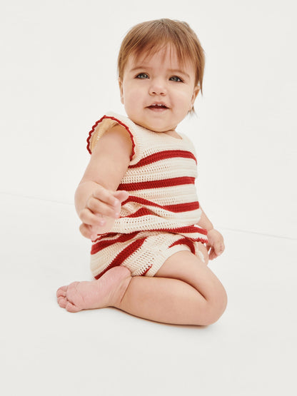 Kırmızı Baby Crochet Stripe Outfit Set