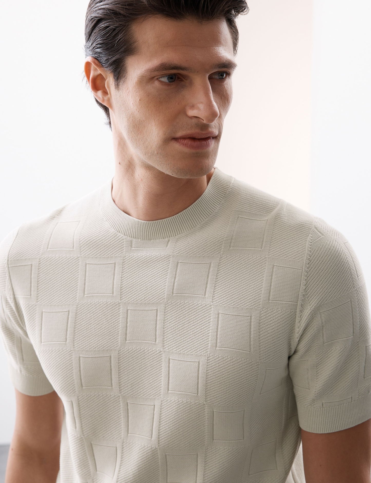 Mercerize Pamuk Geometrik Doku Örme T-shirt