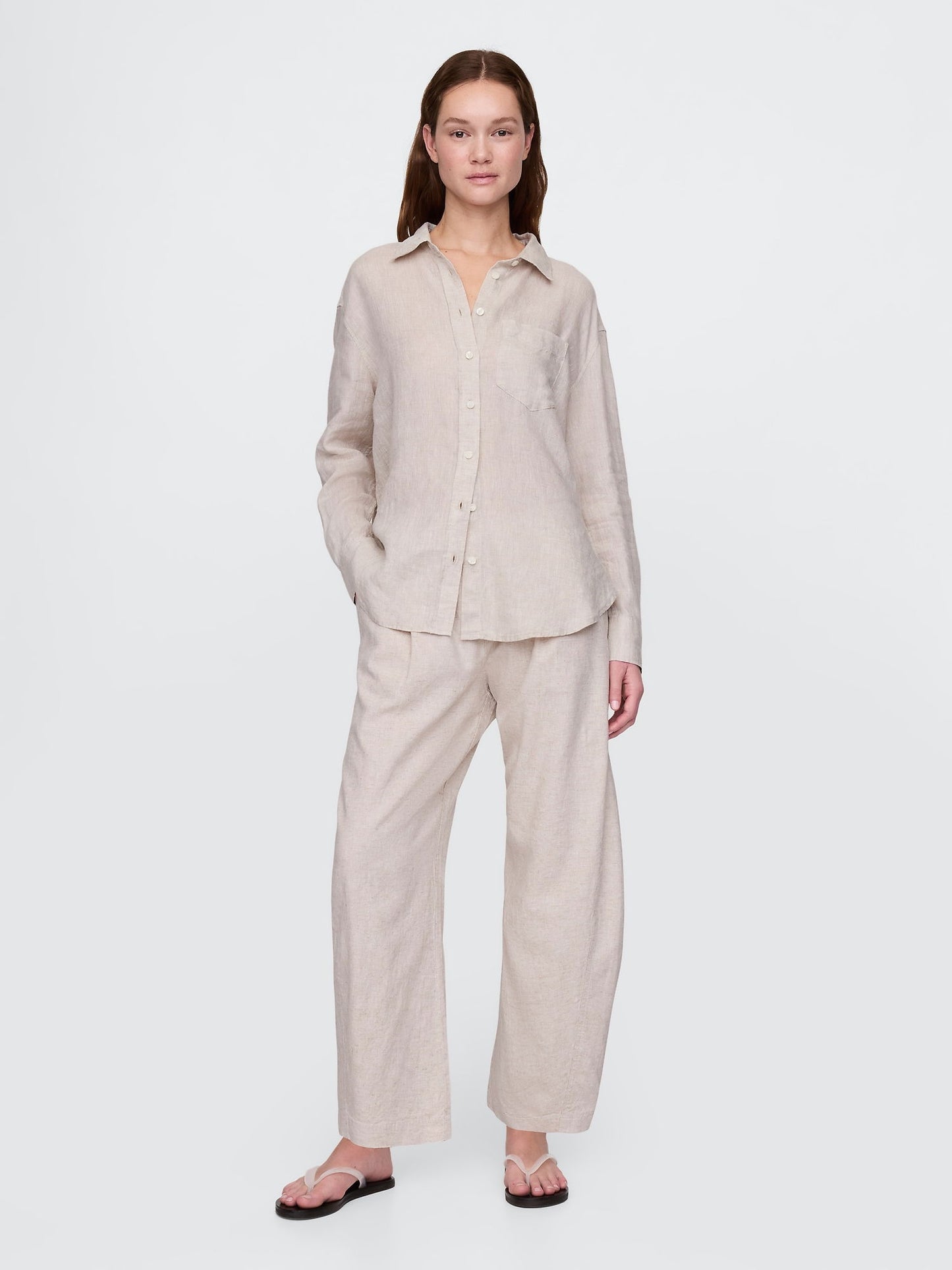 Bej Mid Rise Keten Karışımlı Barrel Pantolon
