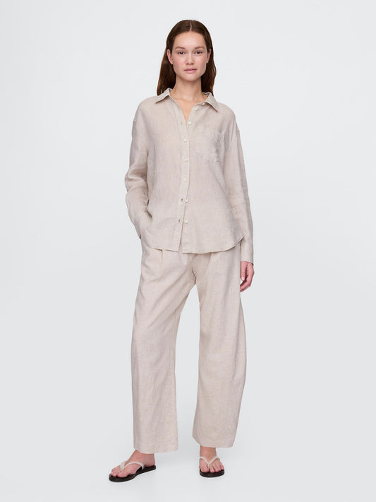 Bej Mid Rise Keten Karışımlı Barrel Pantolon