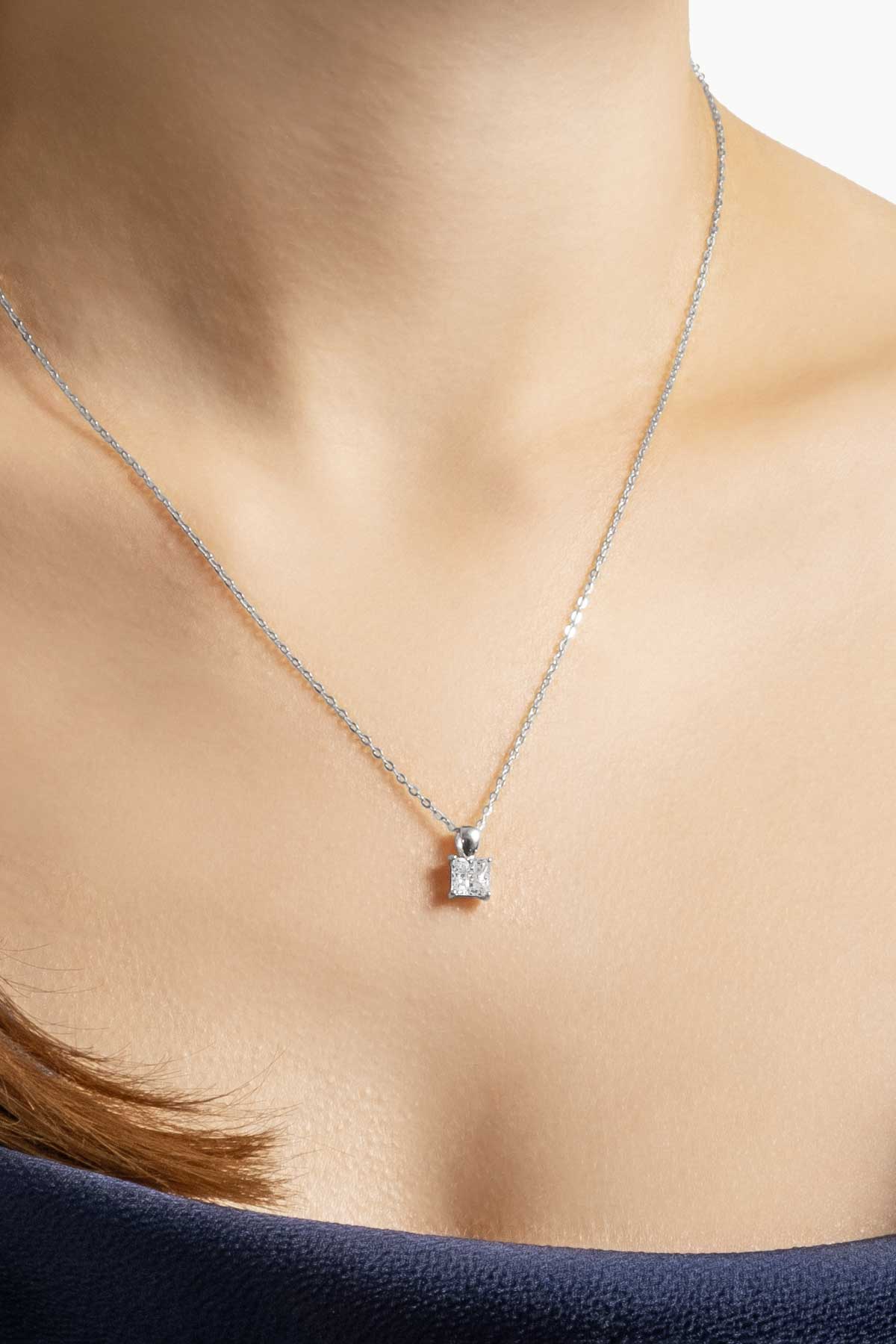 Kare Kesim 18 Ayar Beyaz Altın Kaplama 43 Cm Gümüş Minimal Kolye 5016330199