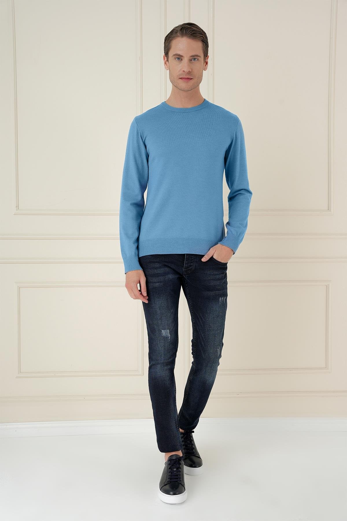Tr 875 Slim Fit Havacı Mavi Klasik Triko