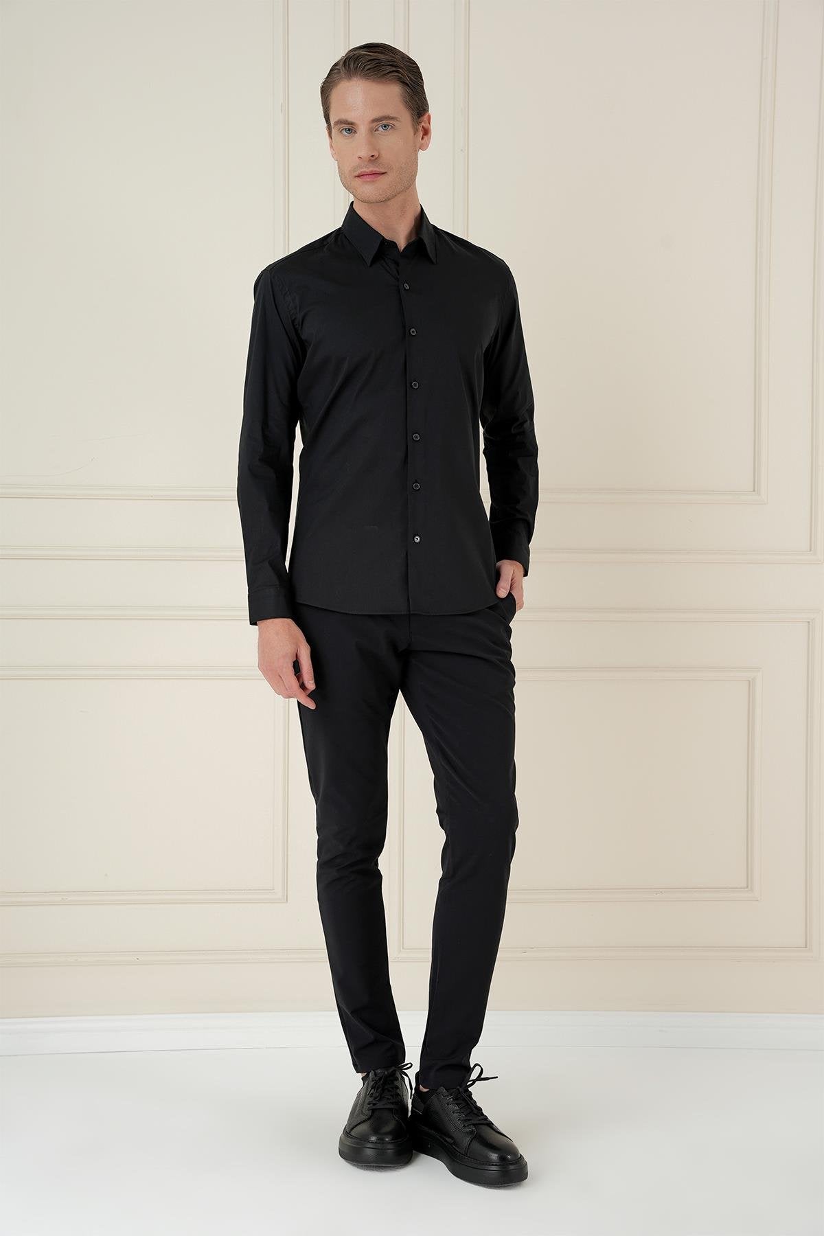 Gk 747 Slim Fit Siyah Klasik Gömlek