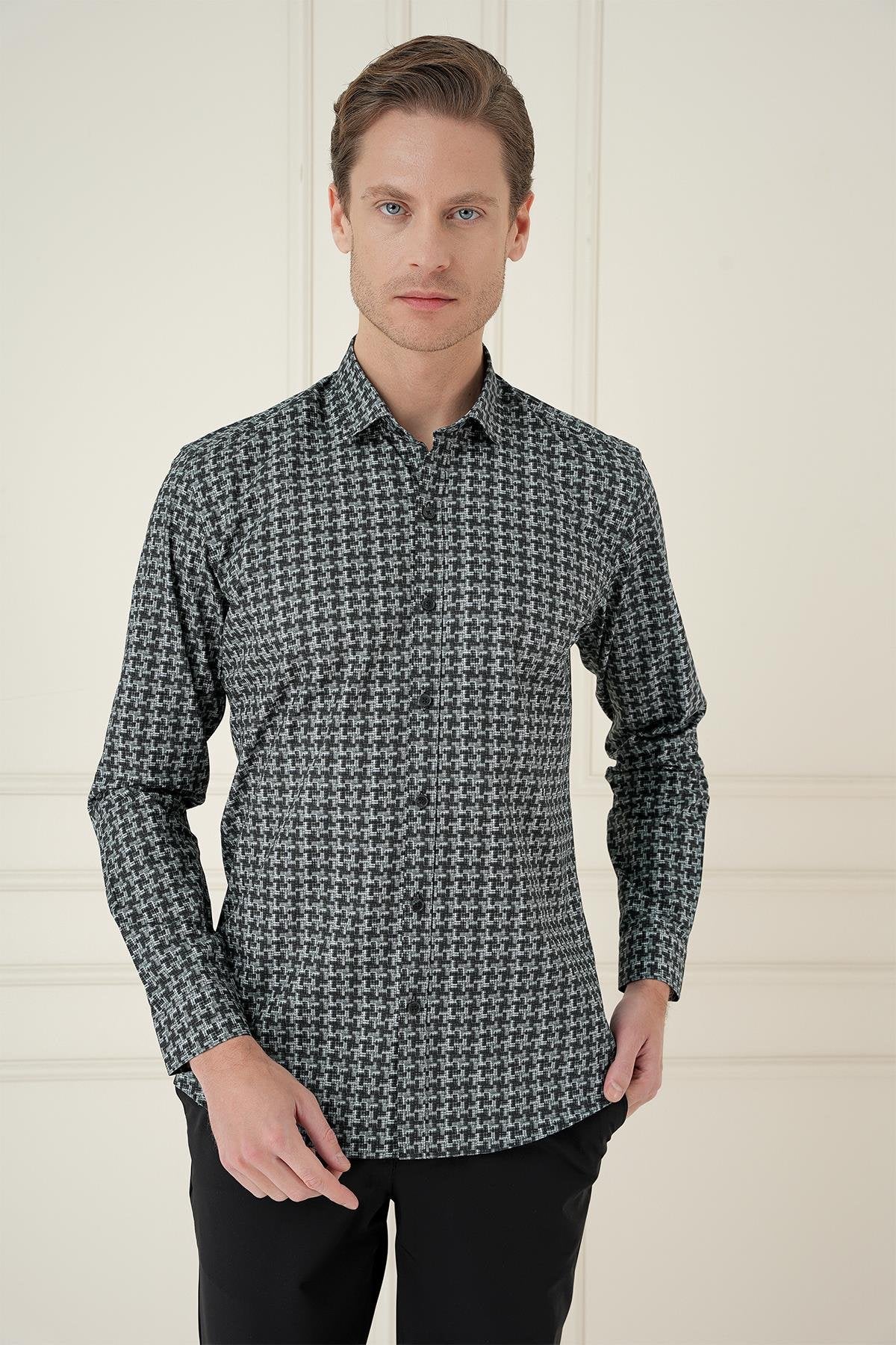 Gri Slim Fit Kazayağı Desenli %100 Pamuk Casuel Gömlek -g 1585