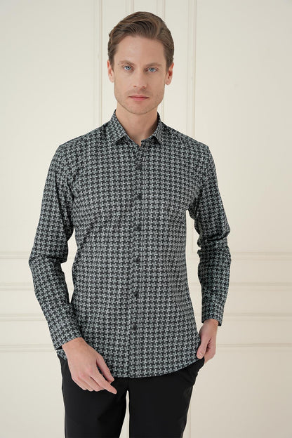 Gri Slim Fit Kazayağı Desenli %100 Pamuk Casuel Gömlek -g 1585