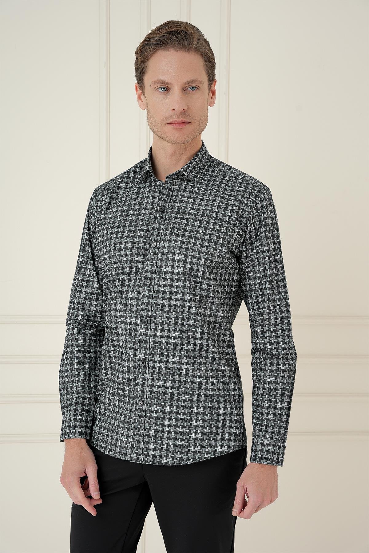 Gri Slim Fit Kazayağı Desenli %100 Pamuk Casuel Gömlek -g 1585