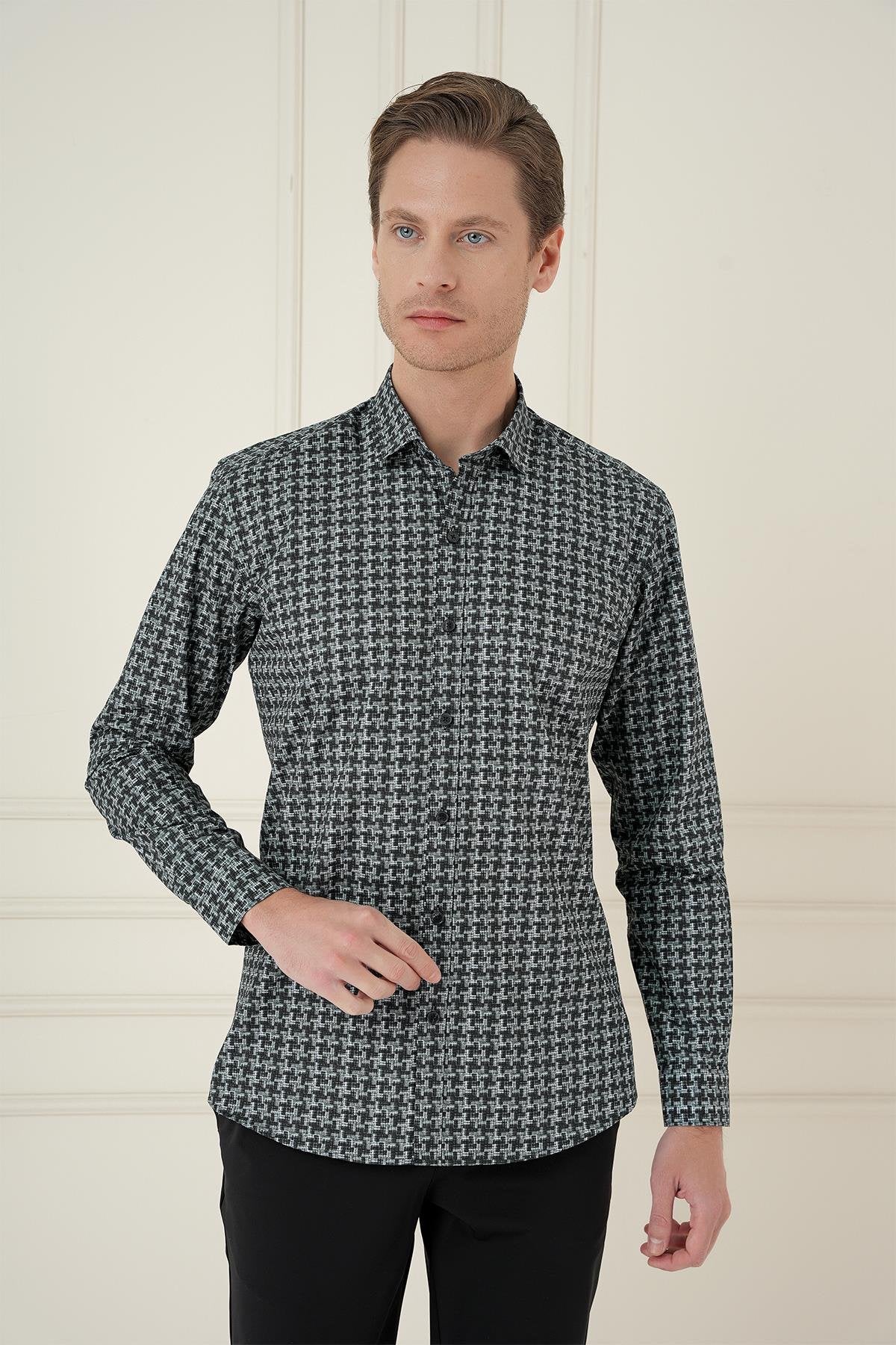 Gri Slim Fit Kazayağı Desenli %100 Pamuk Casuel Gömlek -g 1585