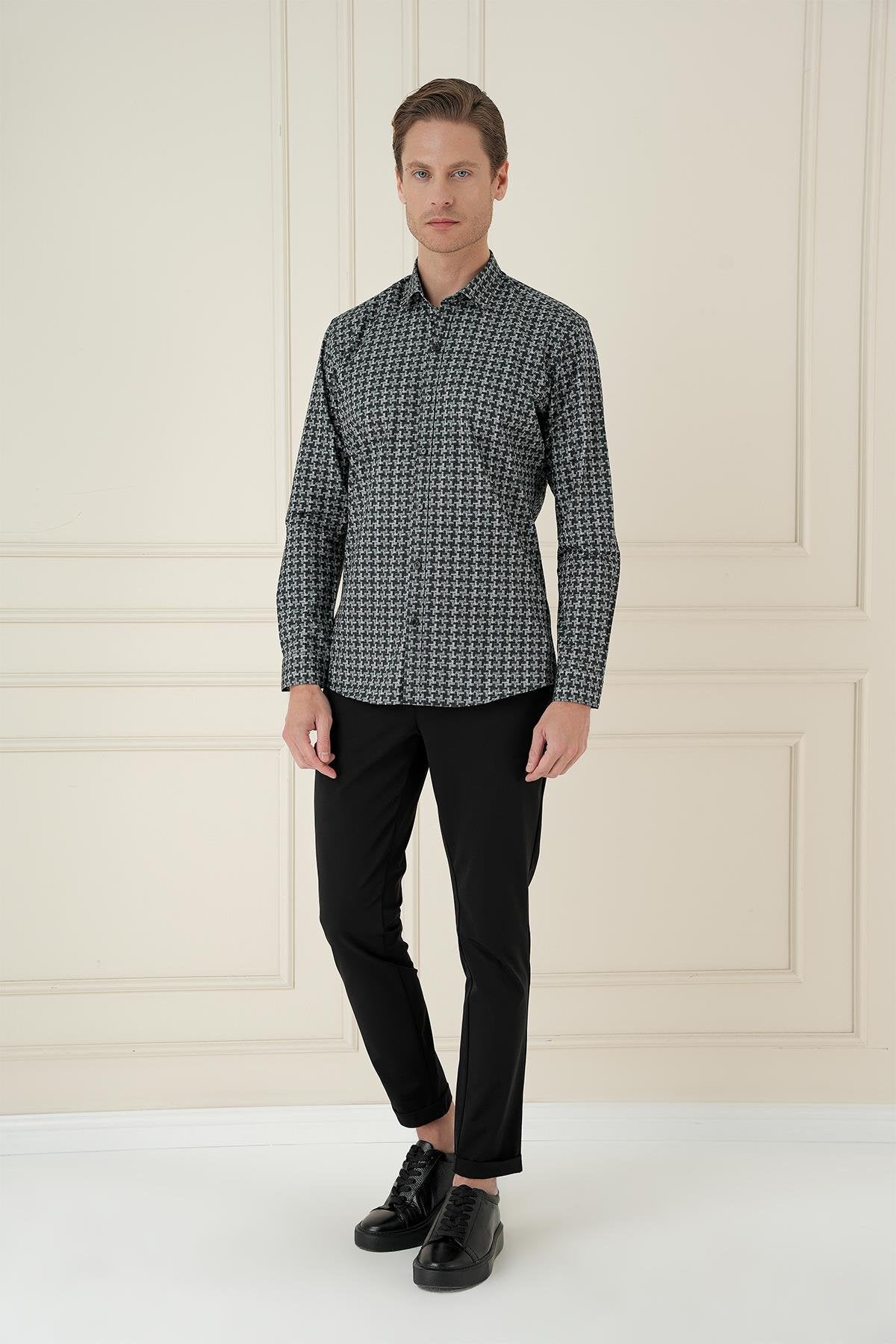 Gri Slim Fit Kazayağı Desenli %100 Pamuk Casuel Gömlek -g 1585