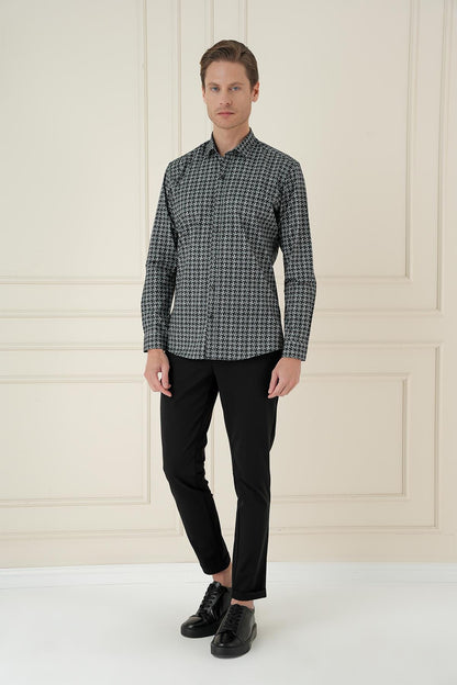 Gri Slim Fit Kazayağı Desenli %100 Pamuk Casuel Gömlek -g 1585