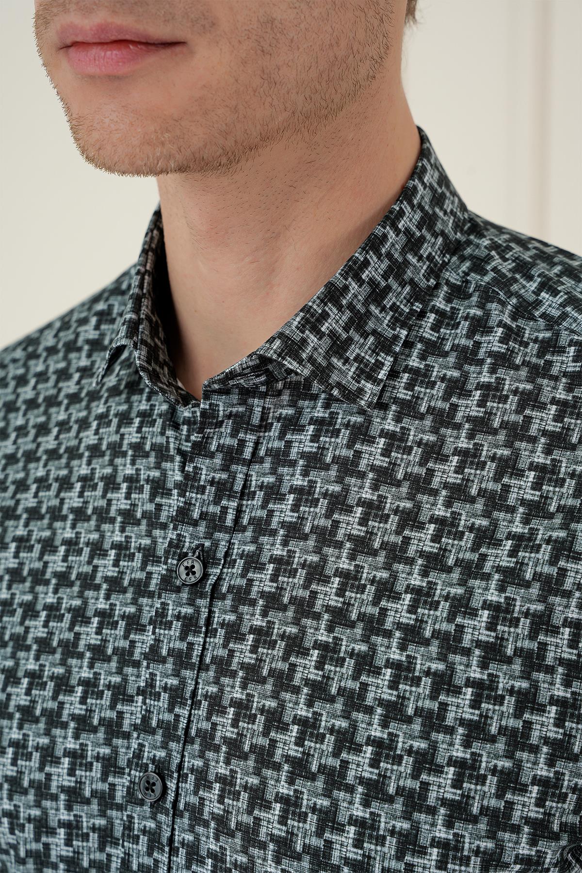Gri Slim Fit Kazayağı Desenli %100 Pamuk Casuel Gömlek -g 1585
