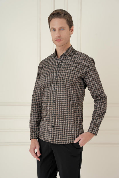 Kahve Slim Fit Kazayağı Desenli %100 Pamuk Casuel Gömlek -g 1585