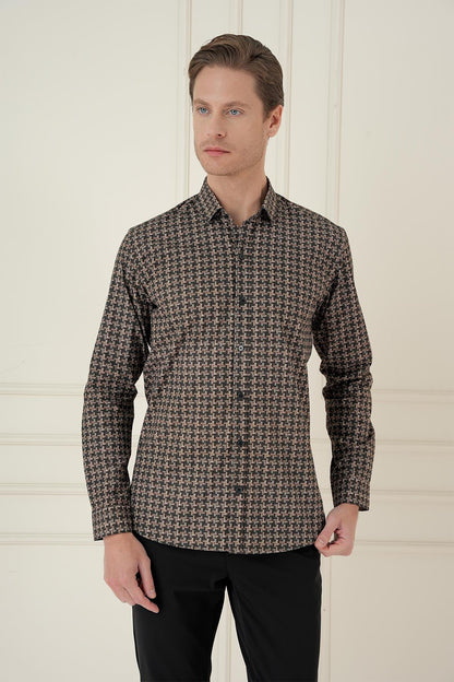 Kahve Slim Fit Kazayağı Desenli %100 Pamuk Casuel Gömlek -g 1585