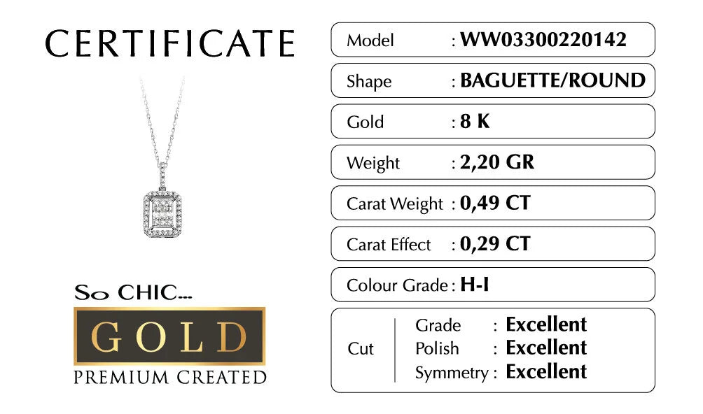 Beyaz Altın Sertifikalı Premium Created Baget Taşlı 0.29 Ct Effect Kolye Ww03300220142