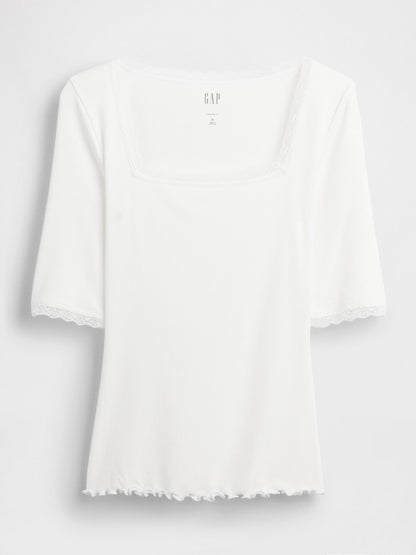 Beyaz Modal Fitilli Dantel Kenar Detaylı Square-neck T-shirt