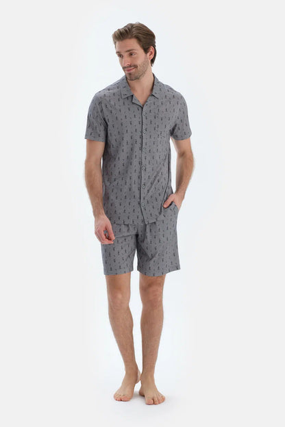 Gri Metraj Baskılı Gömlek Şort Pijama Takımı