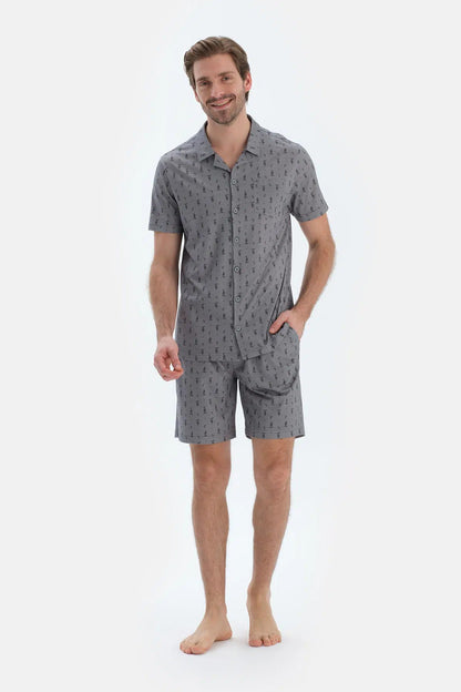 Gri Metraj Baskılı Gömlek Şort Pijama Takımı