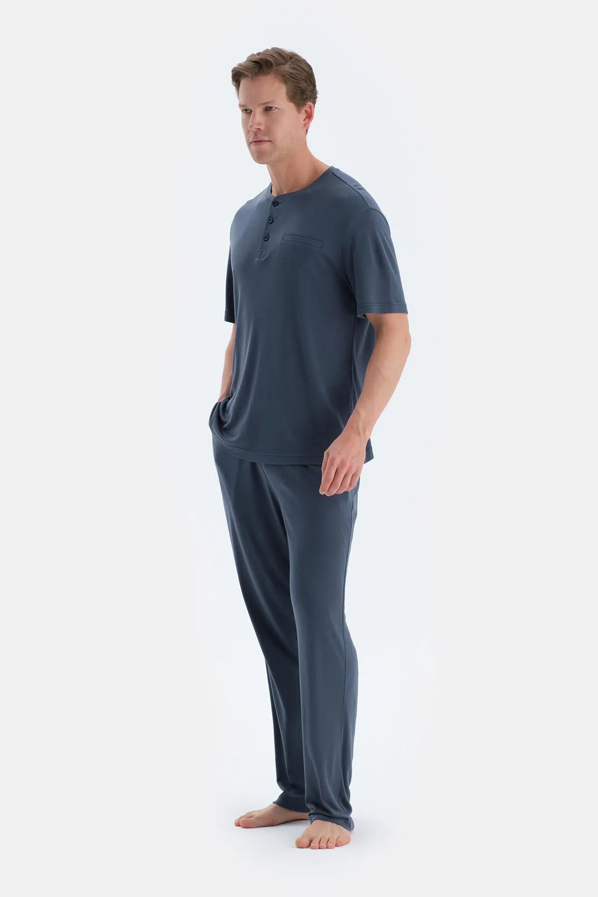 Indigo Pat Ve Fleto Cep Detaylı Tişört Pantolon Pijama Takımı