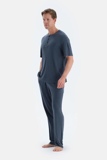 Indigo Pat Ve Fleto Cep Detaylı Tişört Pantolon Pijama Takımı