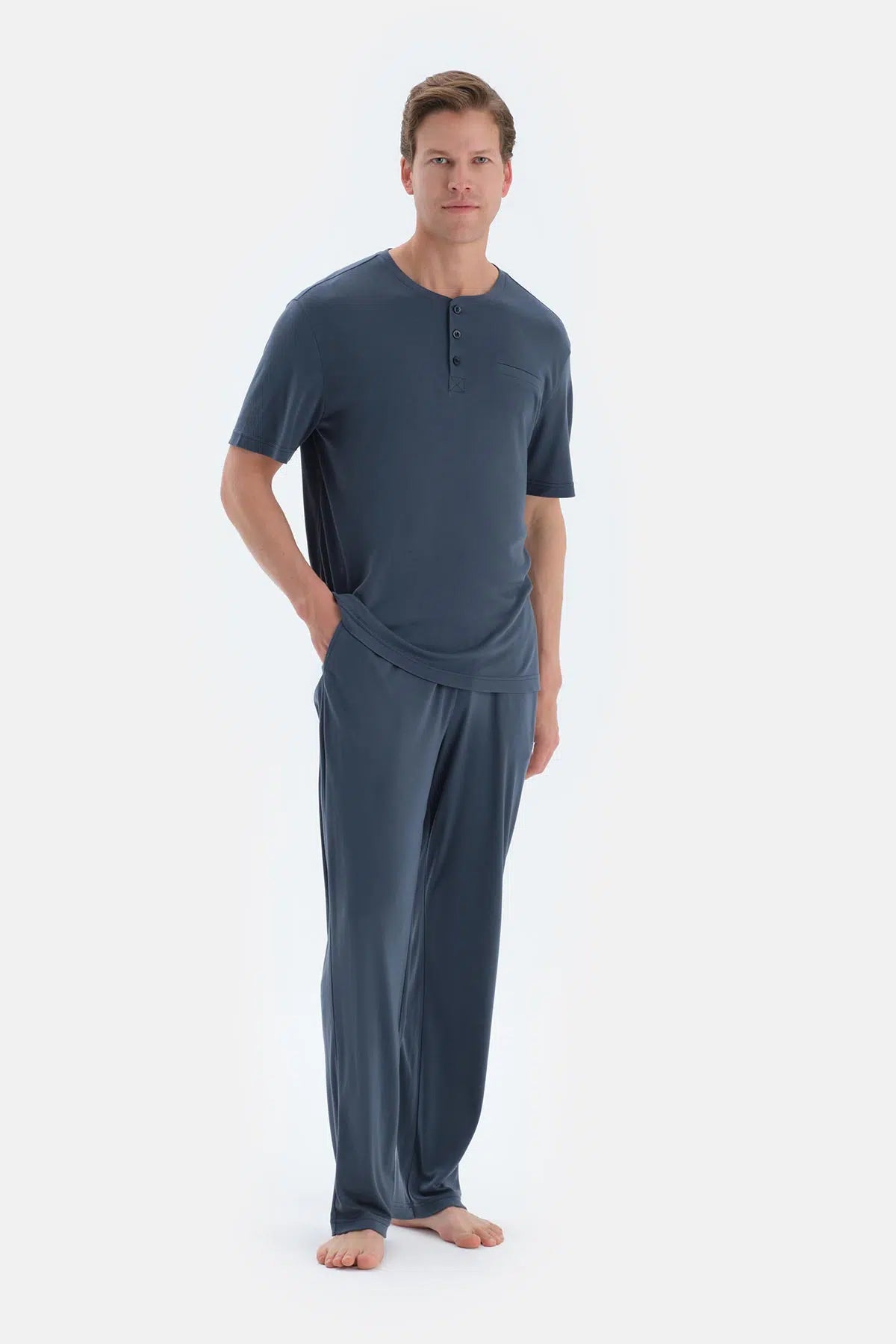 Indigo Pat Ve Fleto Cep Detaylı Tişört Pantolon Pijama Takımı