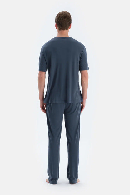 Indigo Pat Ve Fleto Cep Detaylı Tişört Pantolon Pijama Takımı