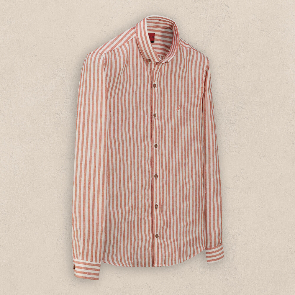 Goias Çizgili Turuncu Keten Gömlek