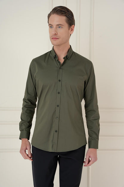 Gk 746 Slim Fit Düğmeli Yaka Esnek Klasik Haki Gömlek