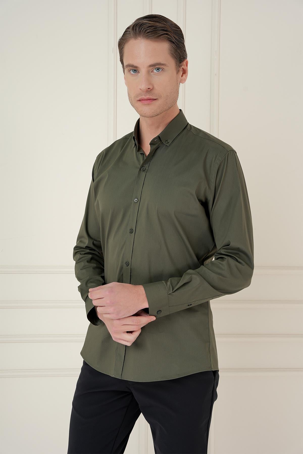 Gk 746 Slim Fit Düğmeli Yaka Esnek Klasik Haki Gömlek
