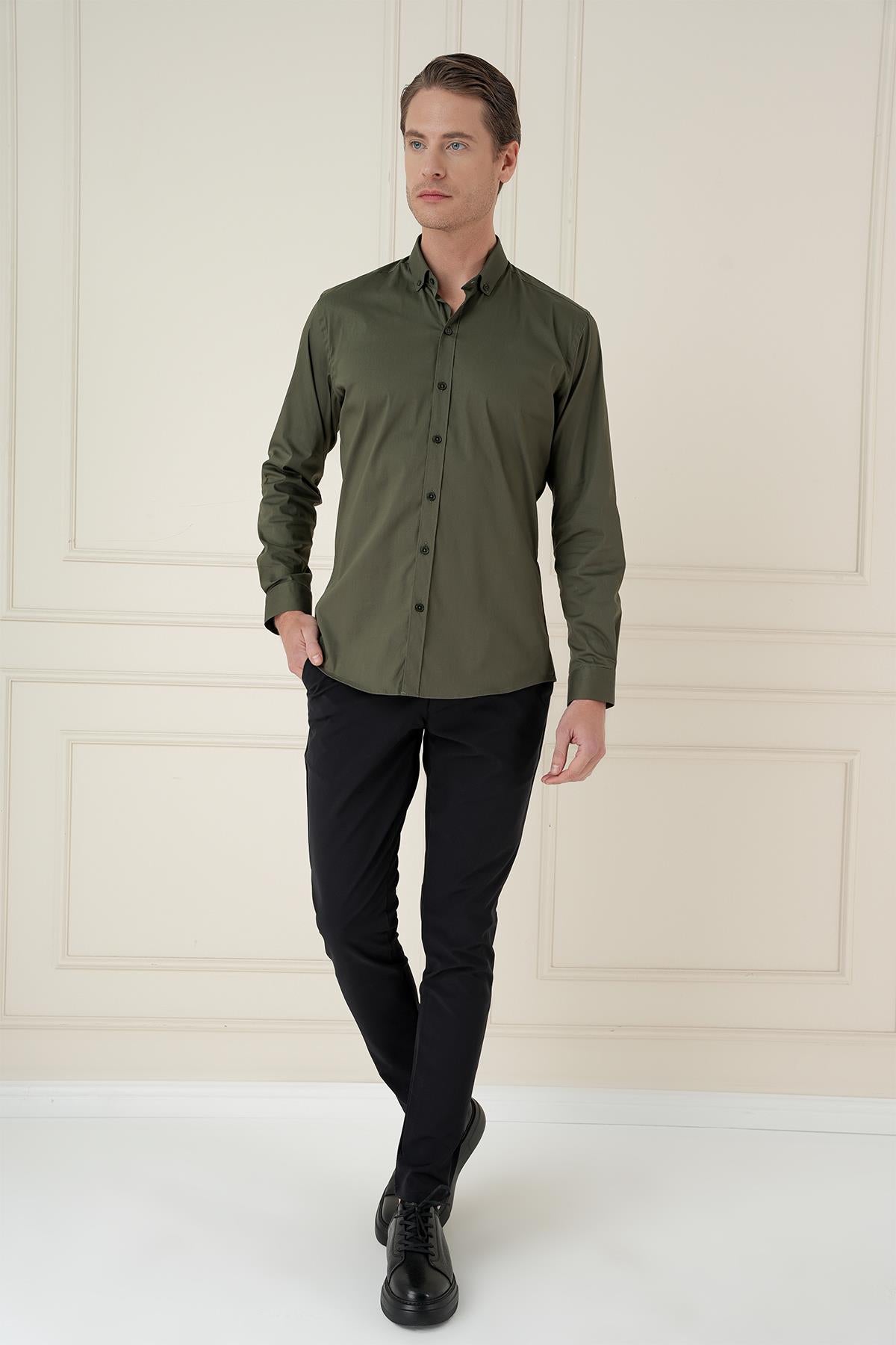 Gk 746 Slim Fit Düğmeli Yaka Esnek Klasik Haki Gömlek