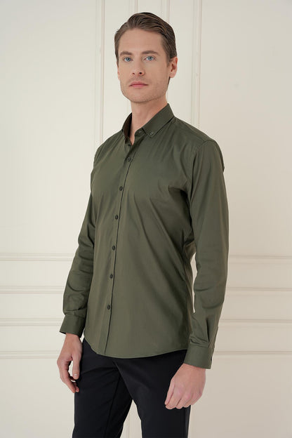 Gk 746 Slim Fit Düğmeli Yaka Esnek Klasik Haki Gömlek
