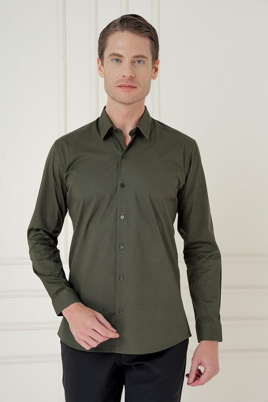 Gk 745 Slim Fit Pamuk Uzun Kol Klasik Haki Gömlek