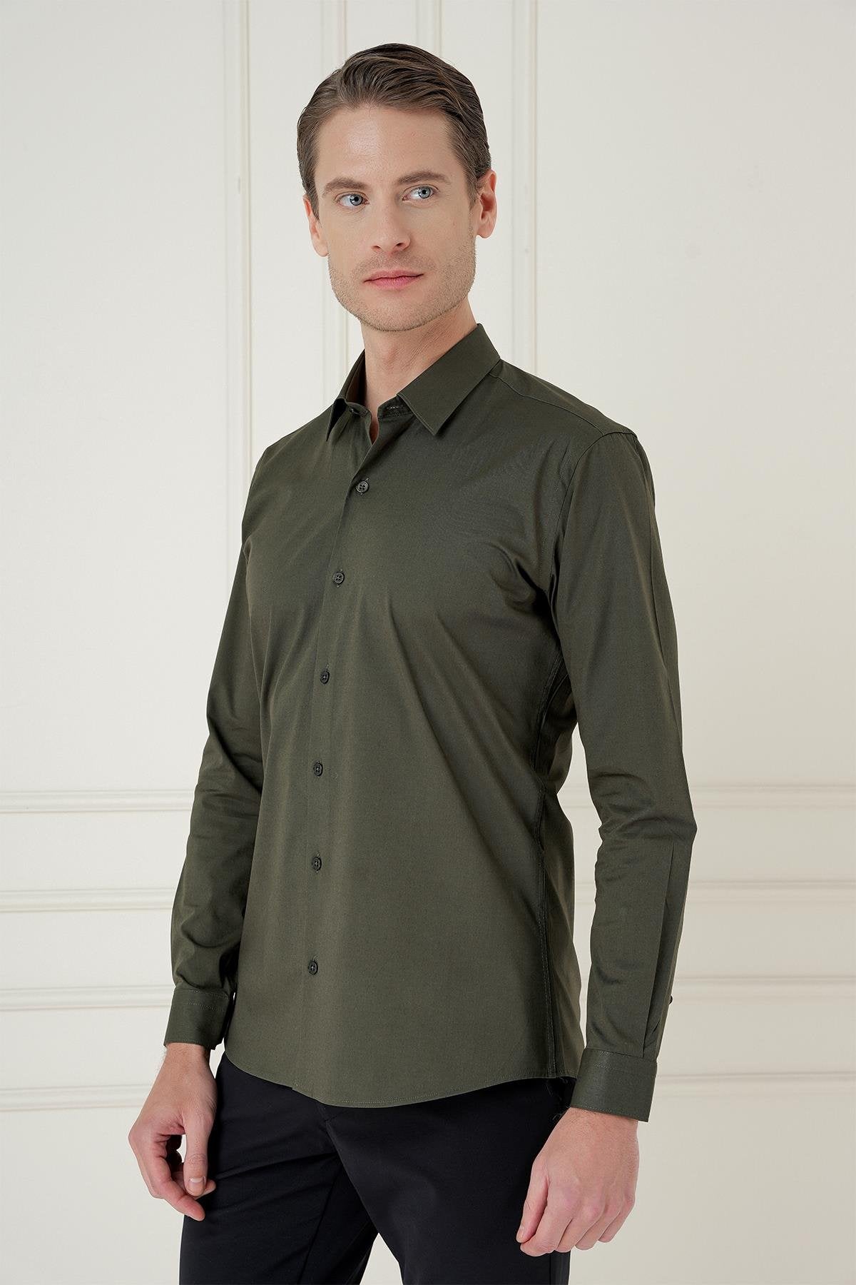 Gk 745 Slim Fit Pamuk Uzun Kol Klasik Haki Gömlek
