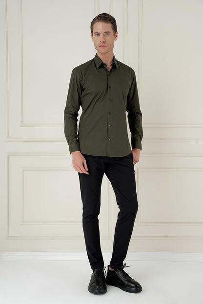 Gk 745 Slim Fit Pamuk Uzun Kol Klasik Haki Gömlek