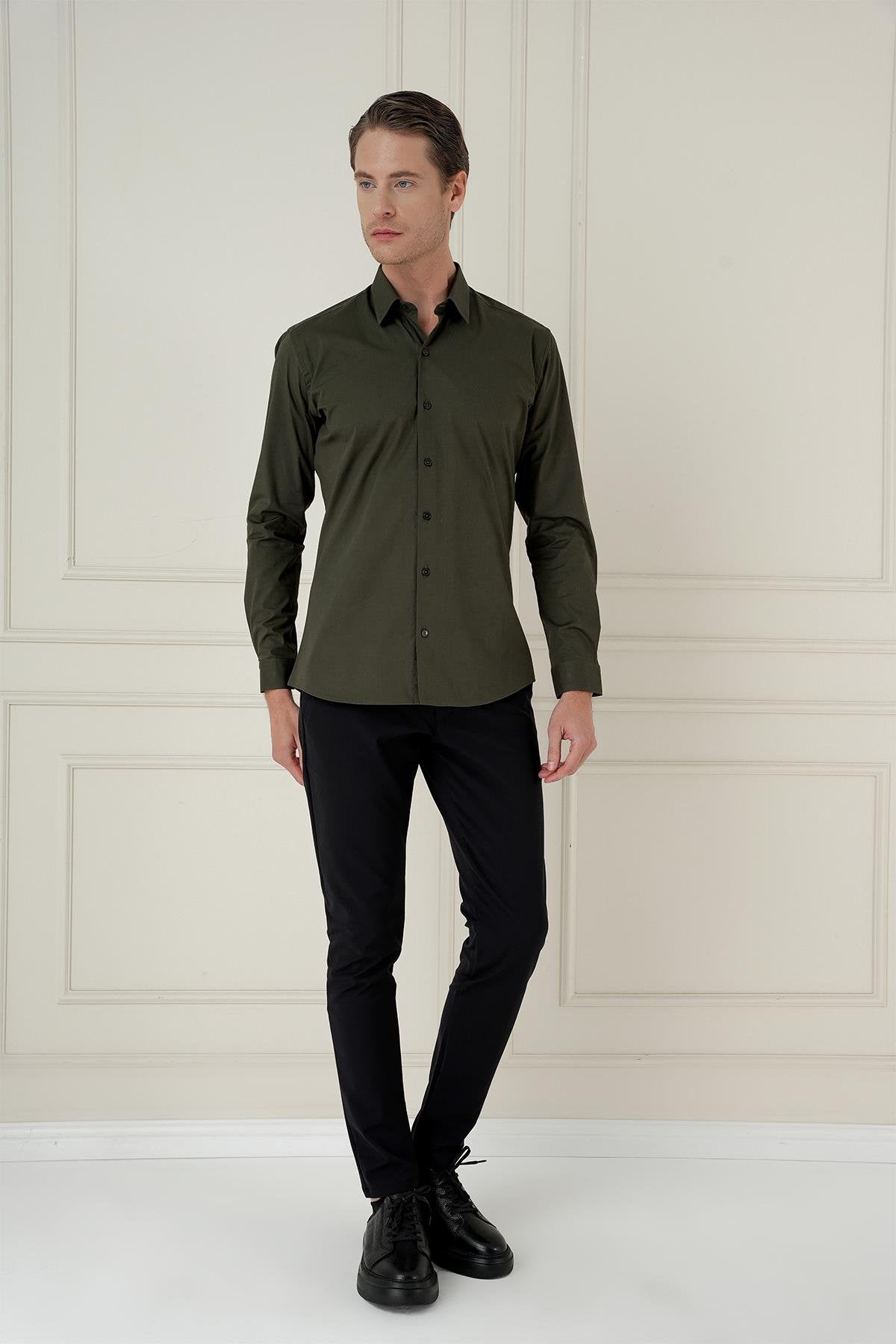 Gk 745 Slim Fit Pamuk Uzun Kol Klasik Haki Gömlek