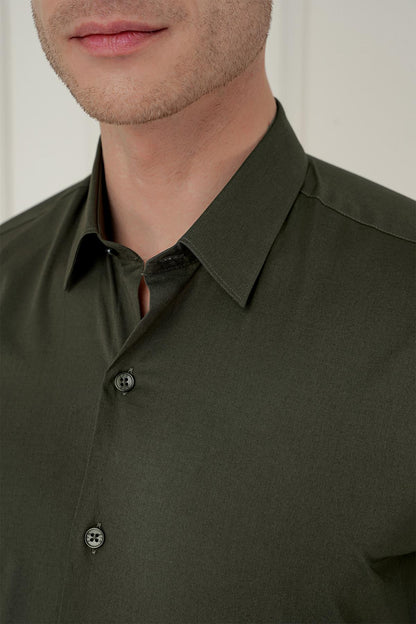 Gk 745 Slim Fit Pamuk Uzun Kol Klasik Haki Gömlek