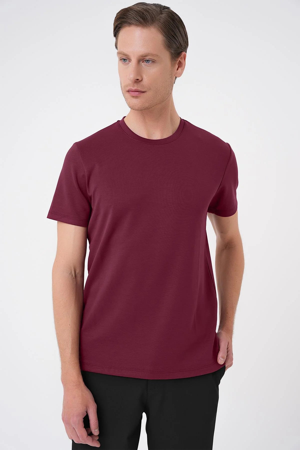 Ts 885 Comfort Fit Bisiklet Yaka Esnek Pamuk Casuel Bordo Tişört
