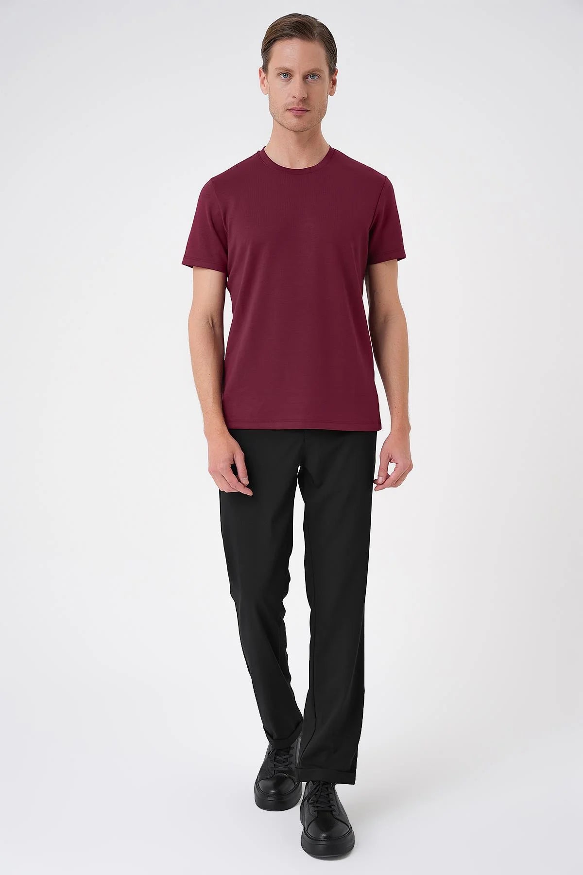 Ts 885 Comfort Fit Bisiklet Yaka Esnek Pamuk Casuel Bordo Tişört