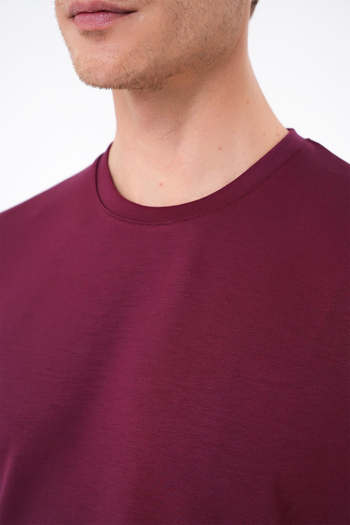 Ts 885 Comfort Fit Bisiklet Yaka Esnek Pamuk Casuel Bordo Tişört