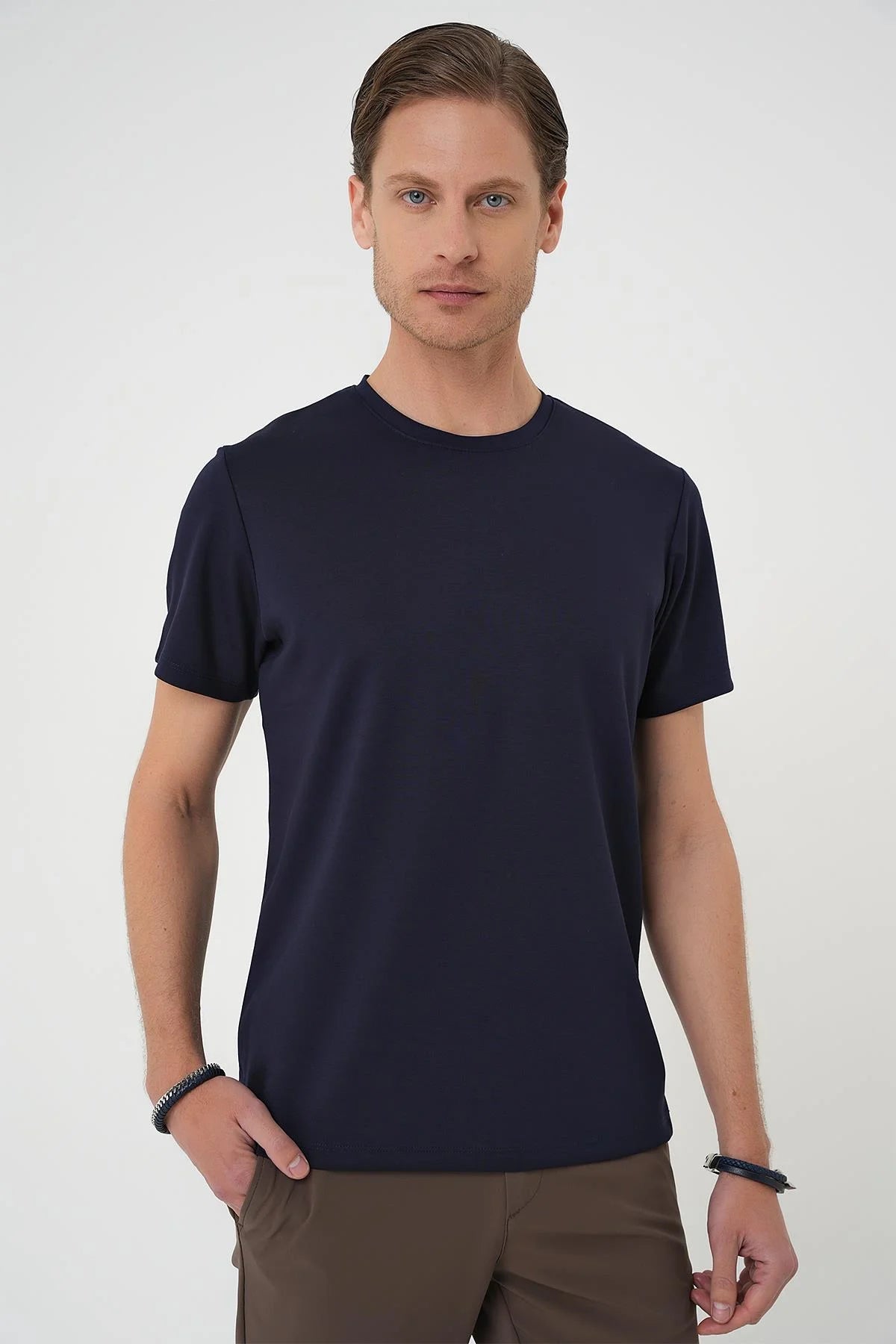 Ts 885 Comfort Fit Bisiklet Yaka Esnek Pamuk Casuel Koyu Lacivert Tişört