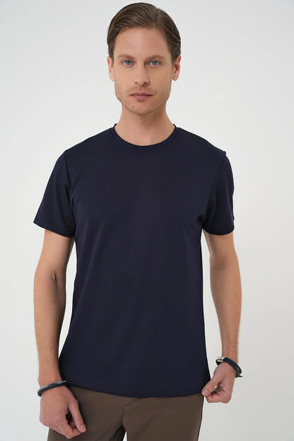 Ts 885 Comfort Fit Bisiklet Yaka Esnek Pamuk Casuel Koyu Lacivert Tişört