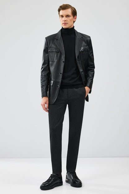 Kevin Erkek Siyah Blazer Deri Ceket