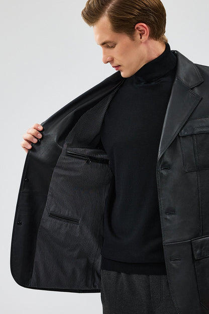 Kevin Erkek Siyah Blazer Deri Ceket