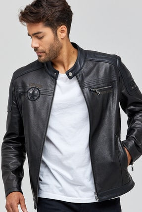 Kawhi Erkek Siyah Slim-fit Armalı Deri Mont