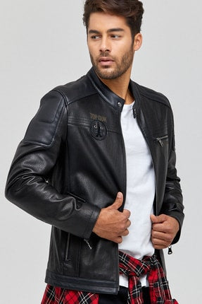 Kawhi Erkek Siyah Slim-fit Armalı Deri Mont