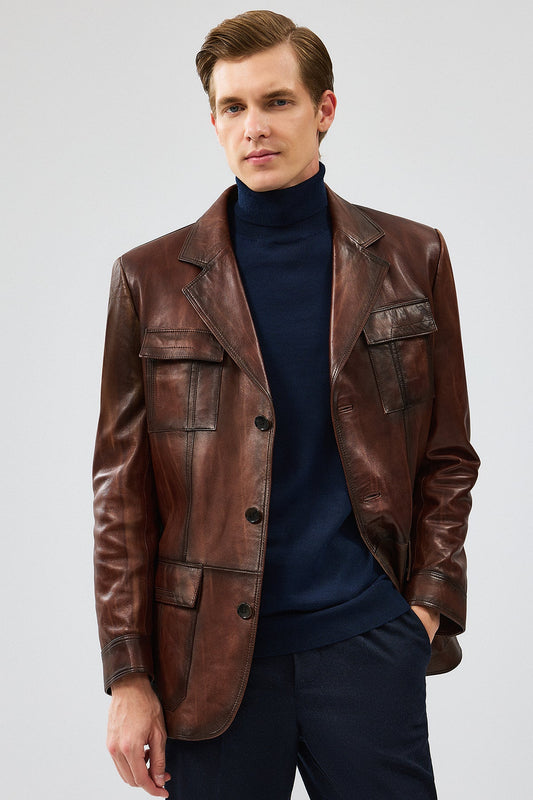 Kevin Erkek Kahverengi Blazer Deri Ceket