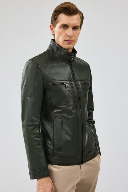 Wade Erkek Haki Slim-fit Deri Mont