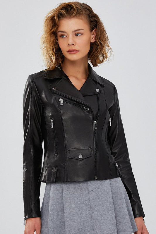 Bella Kadın Siyah Slim-fit Biker Deri Ceket