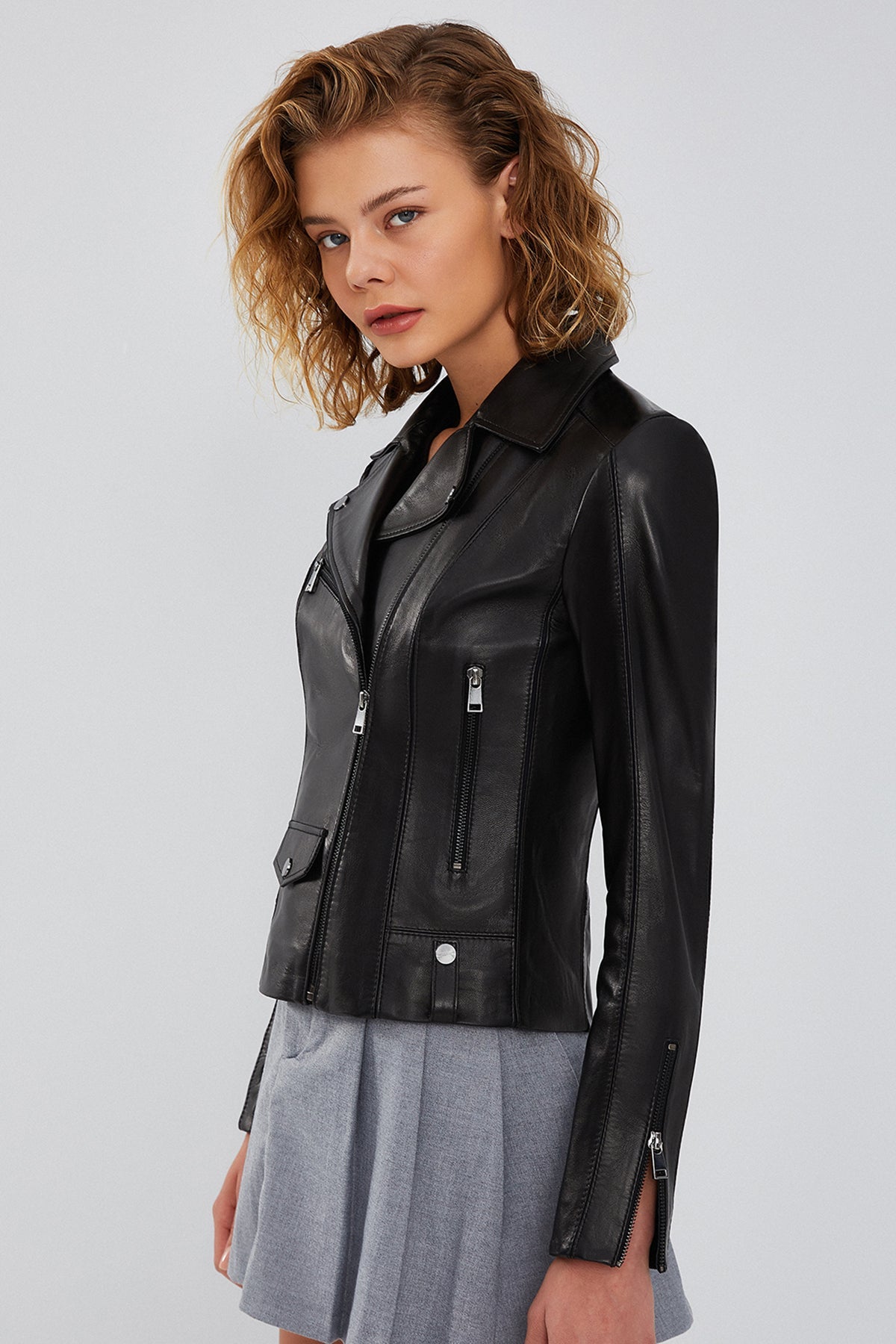 Bella Kadın Siyah Slim-fit Biker Deri Ceket