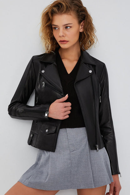 Bella Kadın Siyah Slim-fit Biker Deri Ceket