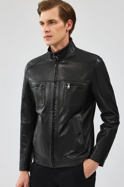 Wade Erkek Siyah Slim-fit Deri Mont