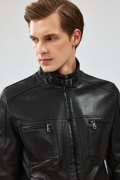 Wade Erkek Siyah Slim-fit Deri Mont